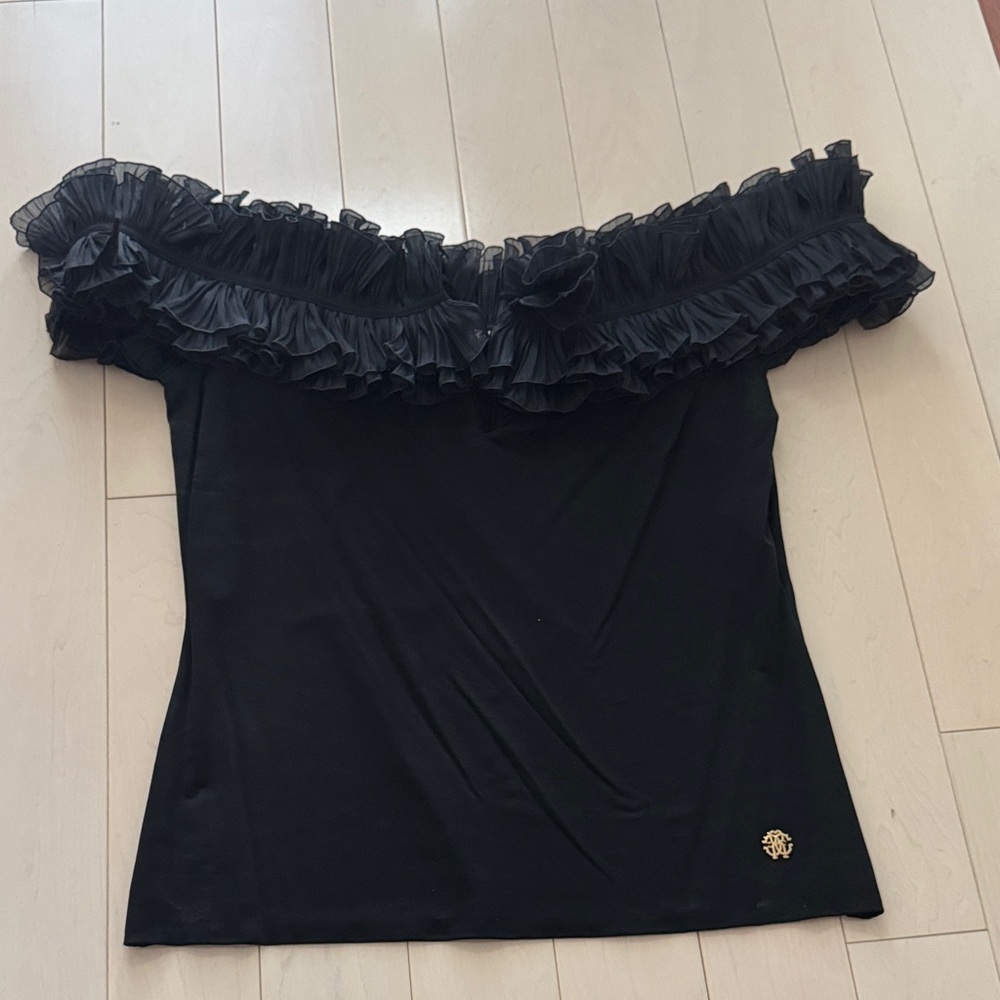Elegant Black Ruffled Off-Shoulder Top Size 46